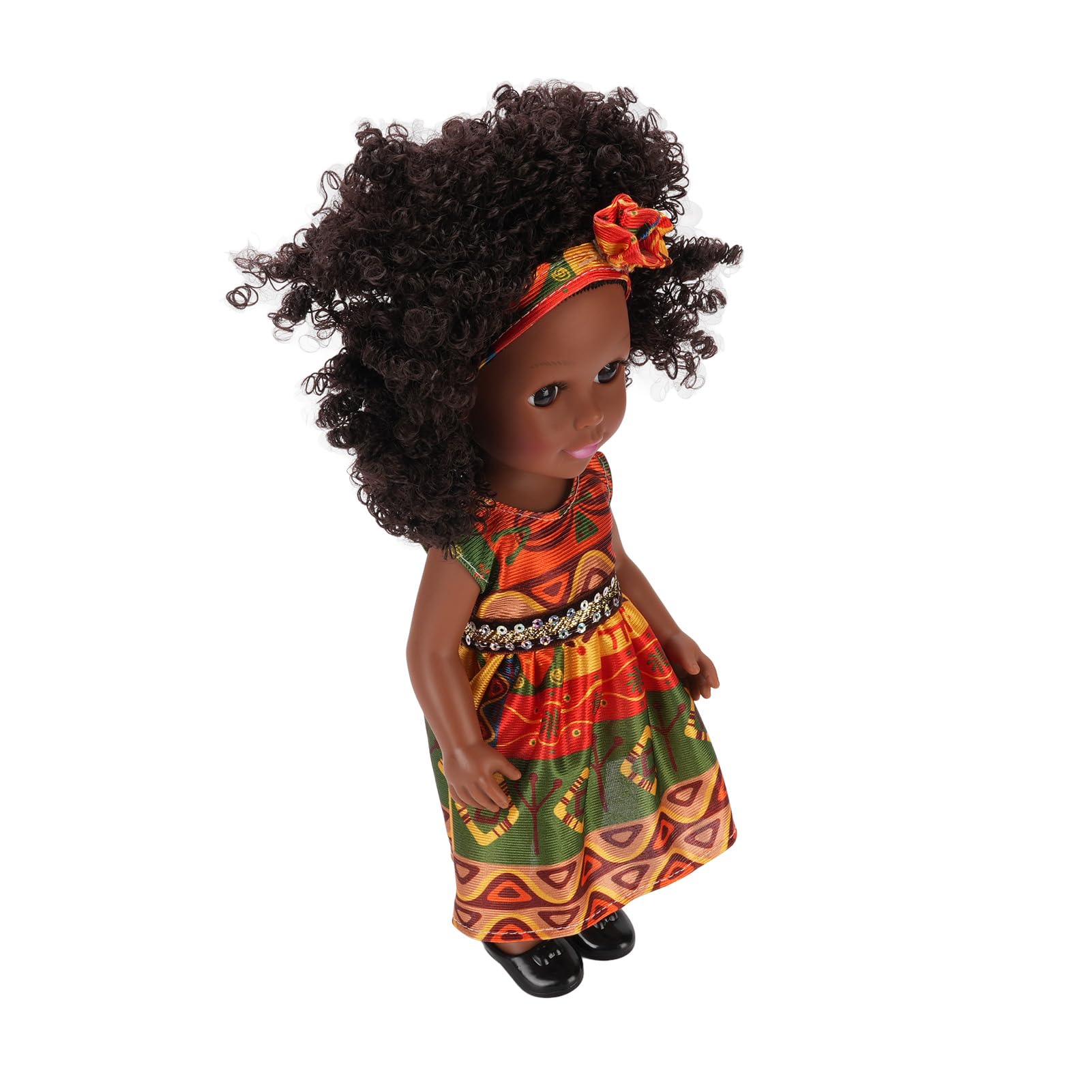 Bewinner 14 Inch Black Doll with Afro Hair, Fashionable Dress and Hairband, Safe Soft Plastic Material, Ideal for Girls' Playtime and Travel