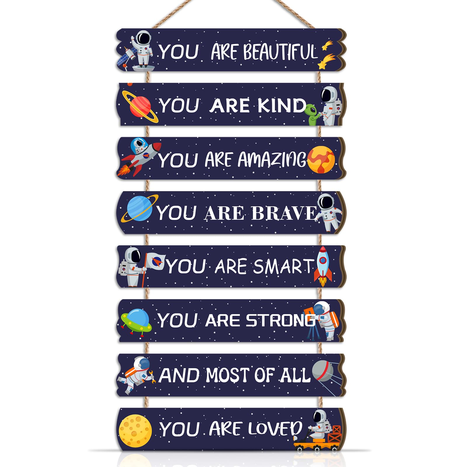 CHDITB 8pcs Space Positive Affirmations Hanging Wooden Wall Art Astronaut Planet Motivational Quotes Wall Plaque You Are Loved Hanging Ornament for Nursery Playroom Game Room Boy's Bedroom Decor
