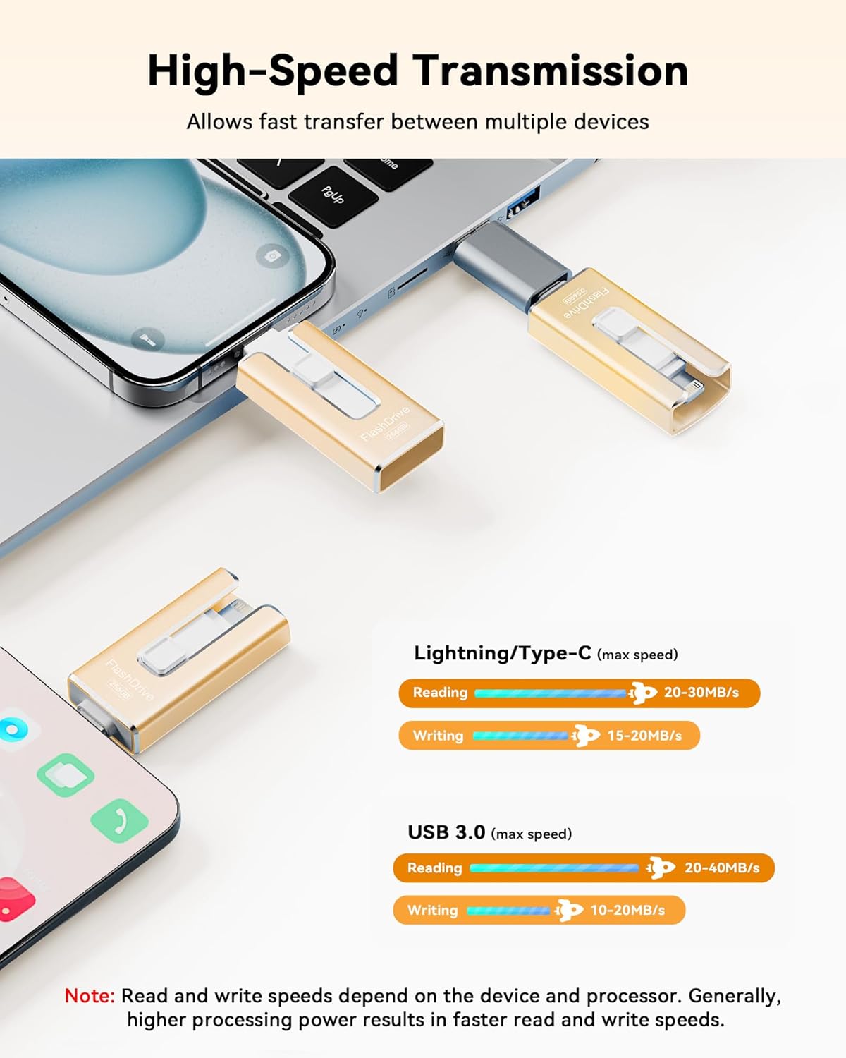 MFi Certified Flash Drive for iPhone 256GB, 3 in 1 Type-C USB Memory Stick Thumb Drive for Photos Videos, High Speed External Memory Storage Photo Stick for iPhone iPad Android PC (Gold) - Image 3