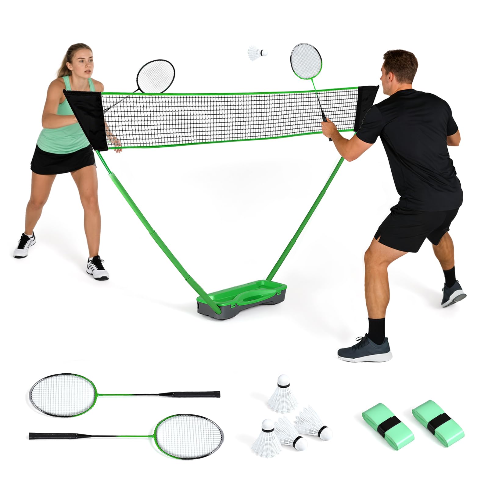 Badminton Set with Net, Portable Pop up Badminton Net with Freestanding Base, 2 Badminton Rackets, 2 Racket Wraps, 4 Shuttlecocks,1 Net, for Outdoor Indoor Sports Games, Easy Setup and Storage