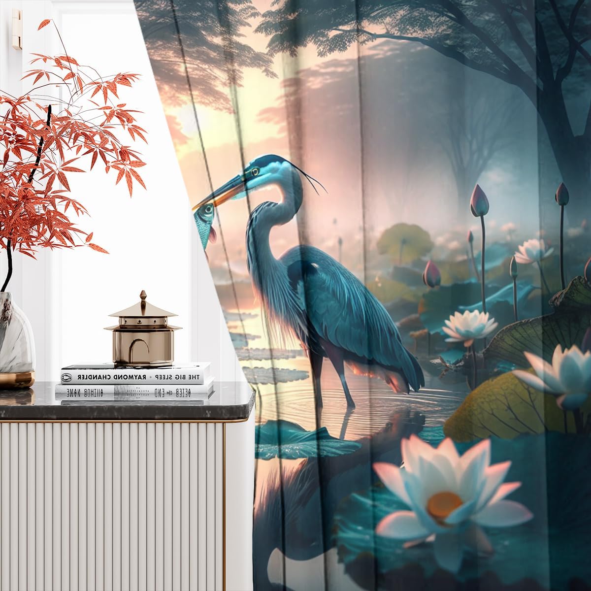 Fantasy Crane Heron Bird Blackout Bedroom Curtains for Windows-Watercolor Summer Forest Pond Lotus Flower Fishing Window Treatment,Blackout Grommet Curtains-21W x 63L 2 Panels