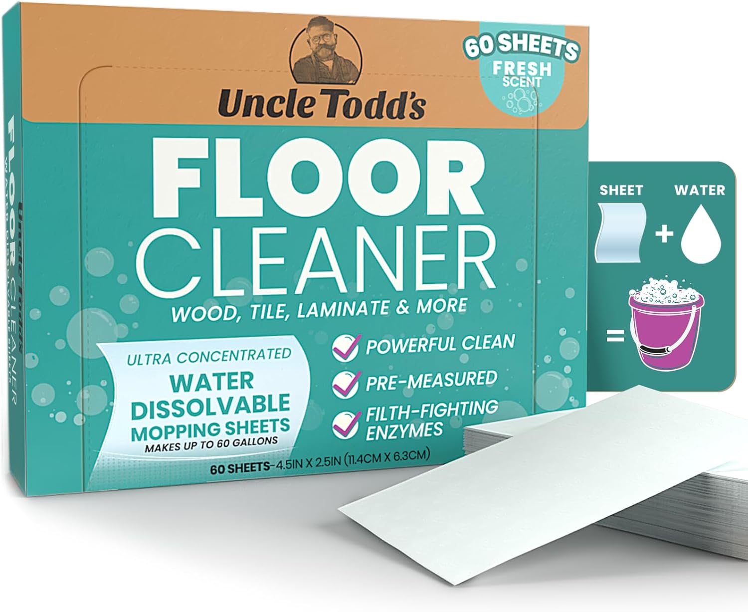 Uncle Todd’s Ultra Concentrated Floor Cleaner For Mopping: 60 Natural, 100% Dissolvable Sheets for Mopping – Hardwood & Wood Floor Cleaner with Filth-Fighting Enzymes, Plastic-Free Packaging Uncle Todd’s Ultra Concentrated Floor Cleaner For Mopping: 60 Natural, 100% Dissolvable Sheets for Mopping – Hardwood & Wood Floor Cleaner with Filth-Fighting Enzymes, Plastic-Free Packaging