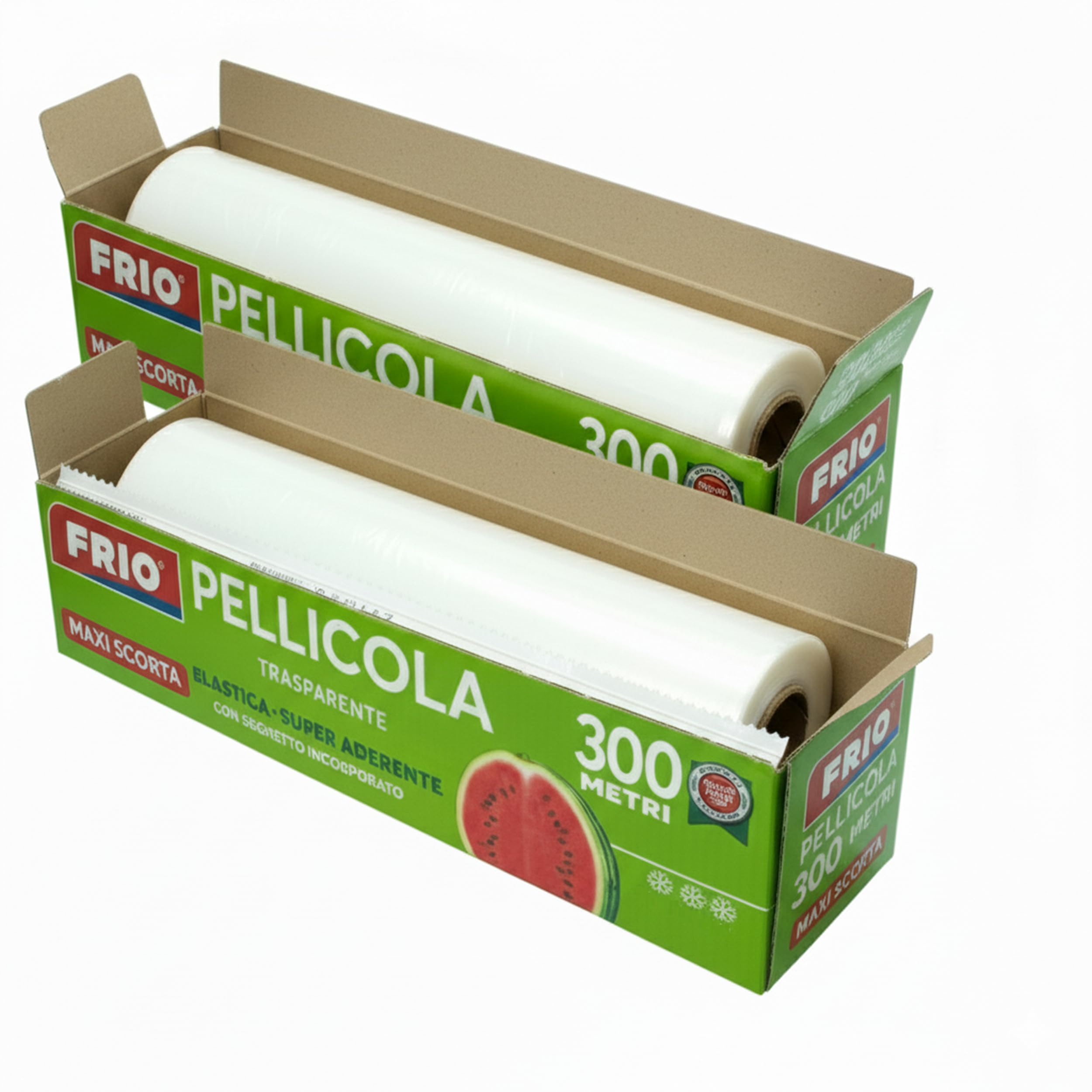FRIO - 2 rouleaux de film alimentaire 600 m - Superadhérent - Trousse professionnelle avec scie - Élastique et auto-scellant pour stockage et emballage - Idéal pour conteneurs et bacs métalliques
