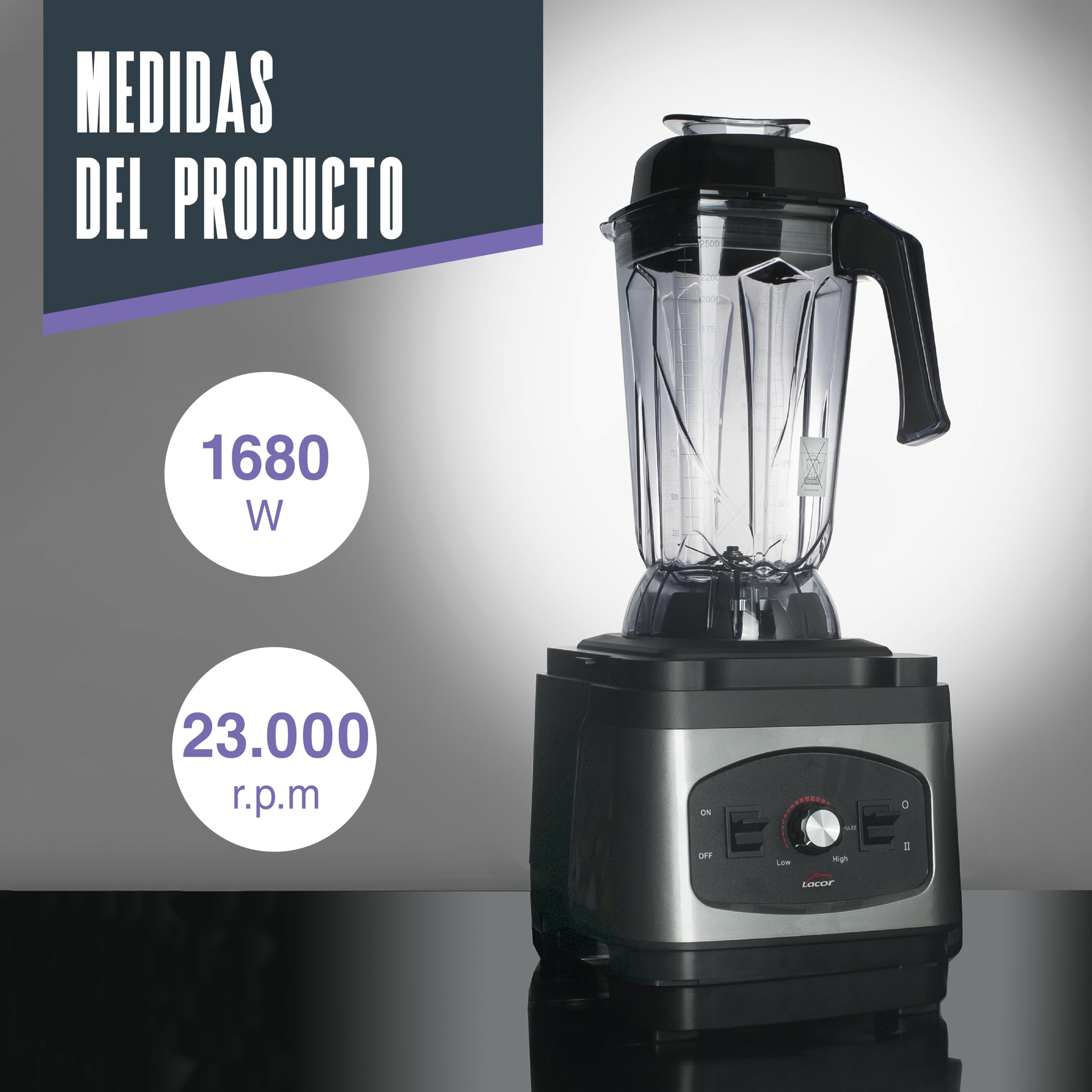 LACOR - 69595 - Batidora Profesional Mixplorer de Alto Rendimiento, 1680W, 2,5 L, Tritán BPA Free, 23.000 rpm, 6 Cuchillas de Acero Inoxidable, Trituradora de Hielo, Frutas Congeladas y Frutos Secos