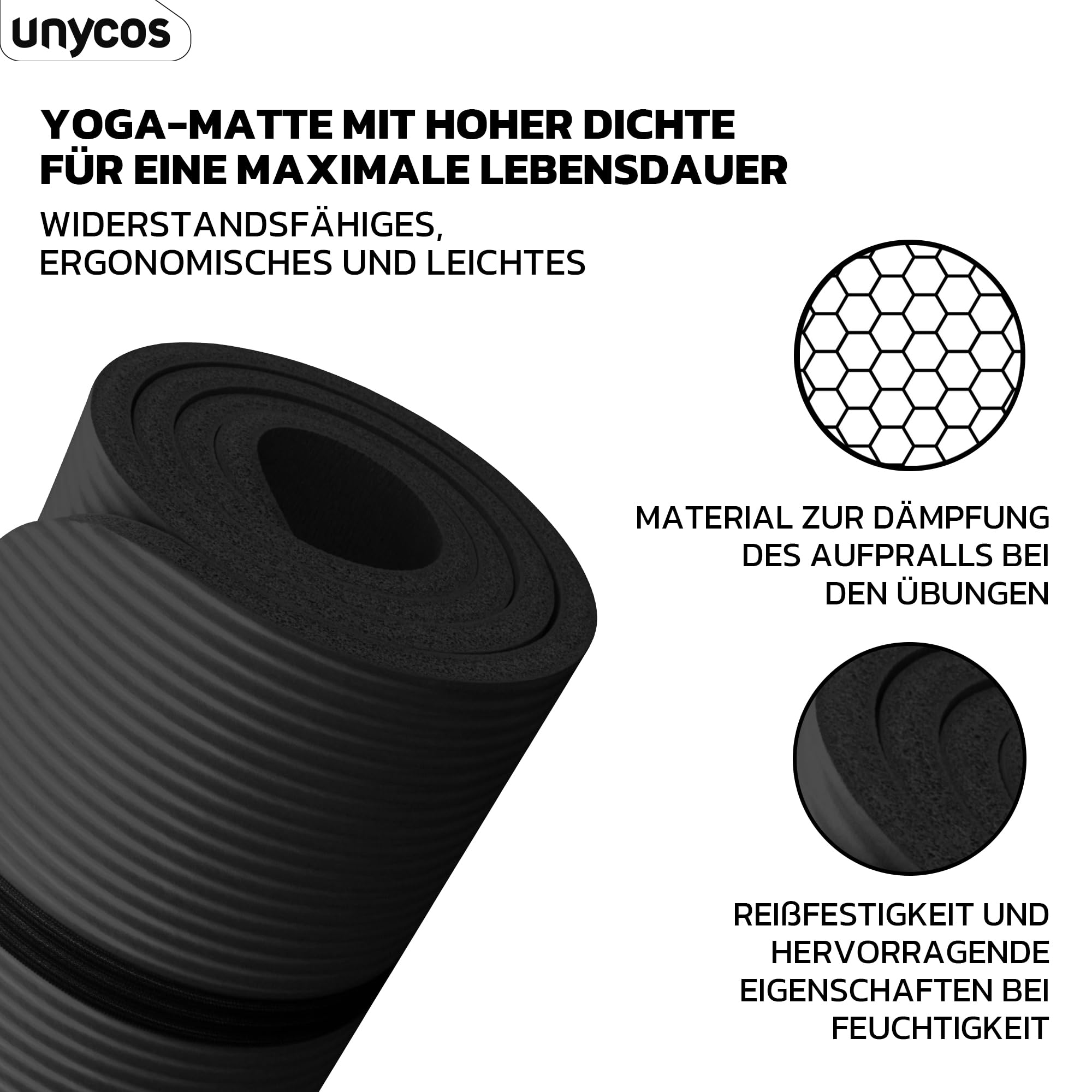 unycos - Yogamatte Rutschfeste | Hohe Dichte 6/10/15 mm, Gymnastikmatte mit Tragegurt und Schultergurt【inkl. E-Book】Hautfreundliche Fitnessmatte für Pilates, Trainingsmatte, Gym