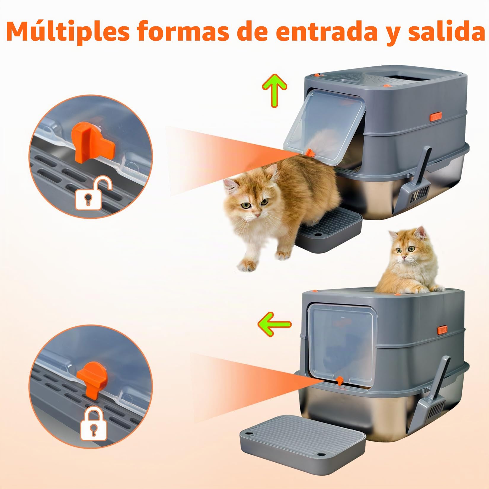 BingoPaw Arenero Gatos Acero Inoxidable Caja de Arena para Gatos Cerrado Grande Metal Extraíble Litter Box Anti-Fugas, Sin Olor, Fácil de Limpiar Cat WC con Pala y Cernidor 58x42x42cm, Gris