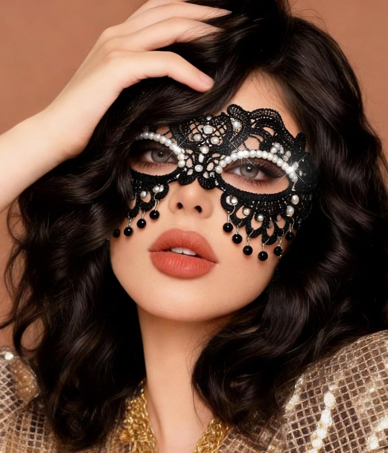 Ursumy Lace Masquerade Mask for Women Shiny Rhinestone Party Mask Tassel Costume Masks