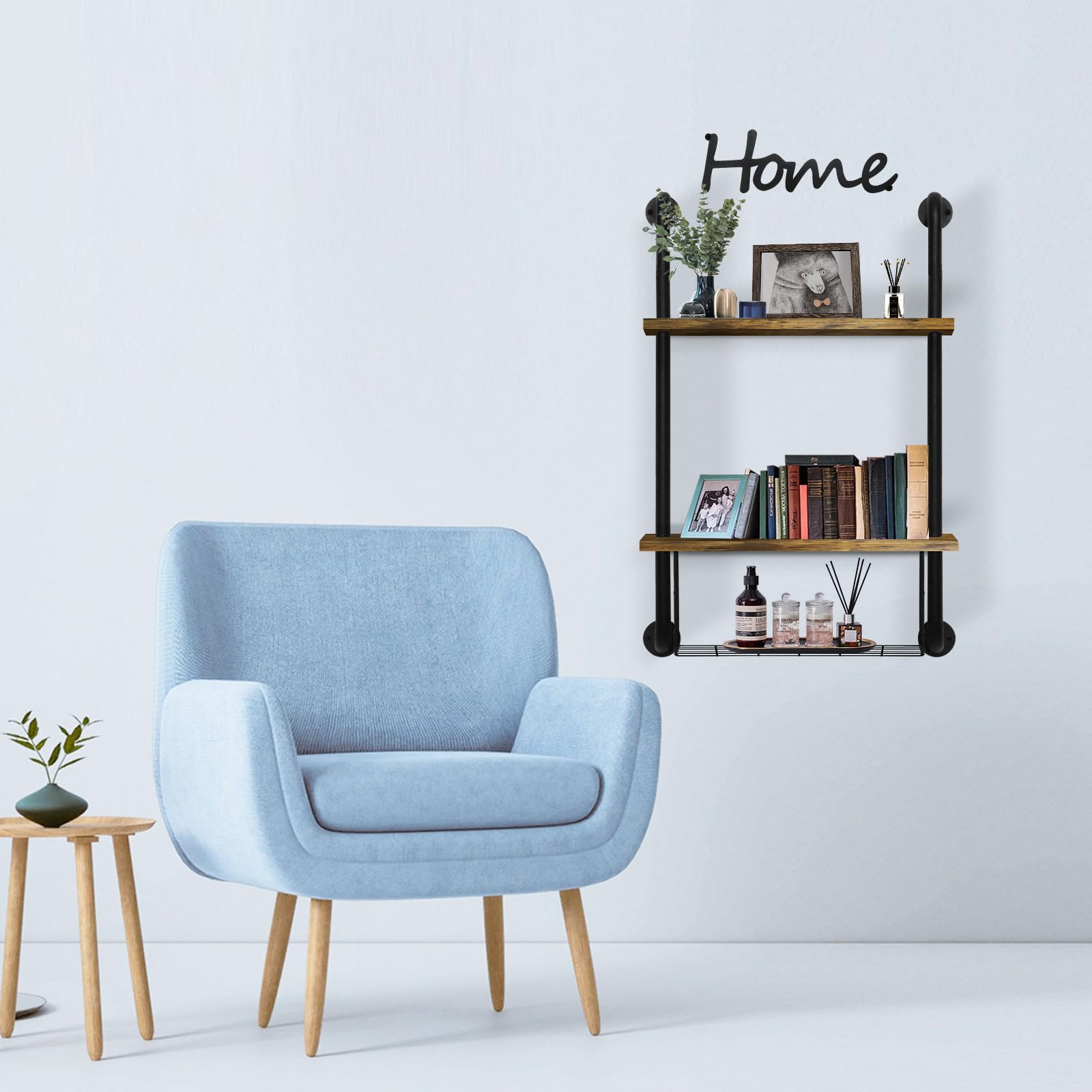 GILPWA 2-Tier Bathroom Shelves Wall Mounted, Retro Pipe Shelf with Basket, Easy Assemble Industrial Pipe Shelving, Anti-Rust Wall Shelves for Bedroom, Living Room, Bathroom, Kitchen 26.5 * 16.9 inch