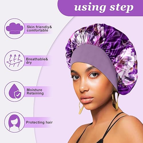 Miniatura 3 de 4 gorros de seda para dormir, gorro de satén para mujeres negras, hombres y mujeres para cabello rizado, gorro de ducha elástico con estampado de
