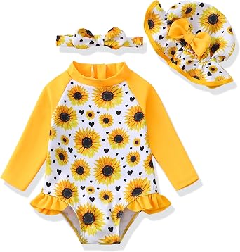 SODLON Baby Girl Swimsuit Long Sleeve One-Piece Infant Bathing Suit 3M-3T