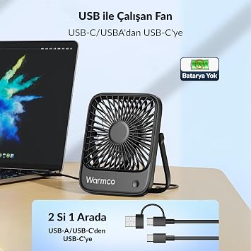 Warmco D1 Masaüstü Vantilatör USB ve Type-C Bağlantılı Taşınabilir Ultra İnce Soğutucu Fan Siyah 3 Kademeli Ayarlanabilir Katlanabilir Stand