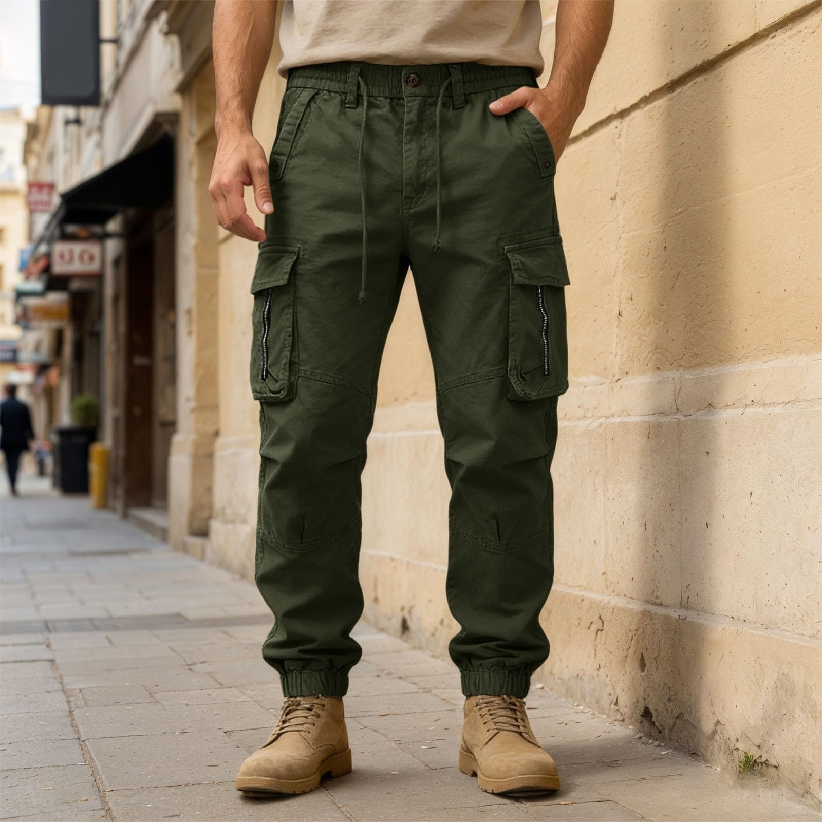 Cargohose für Herren, Stretch, entspannte Passform, Wanderhose | Arbeitshose mit Kordelzug an der Taille und mehreren Reißverschlusstaschen, feuchtigkeitsableitend, Baggy-Jogginghose, lässig