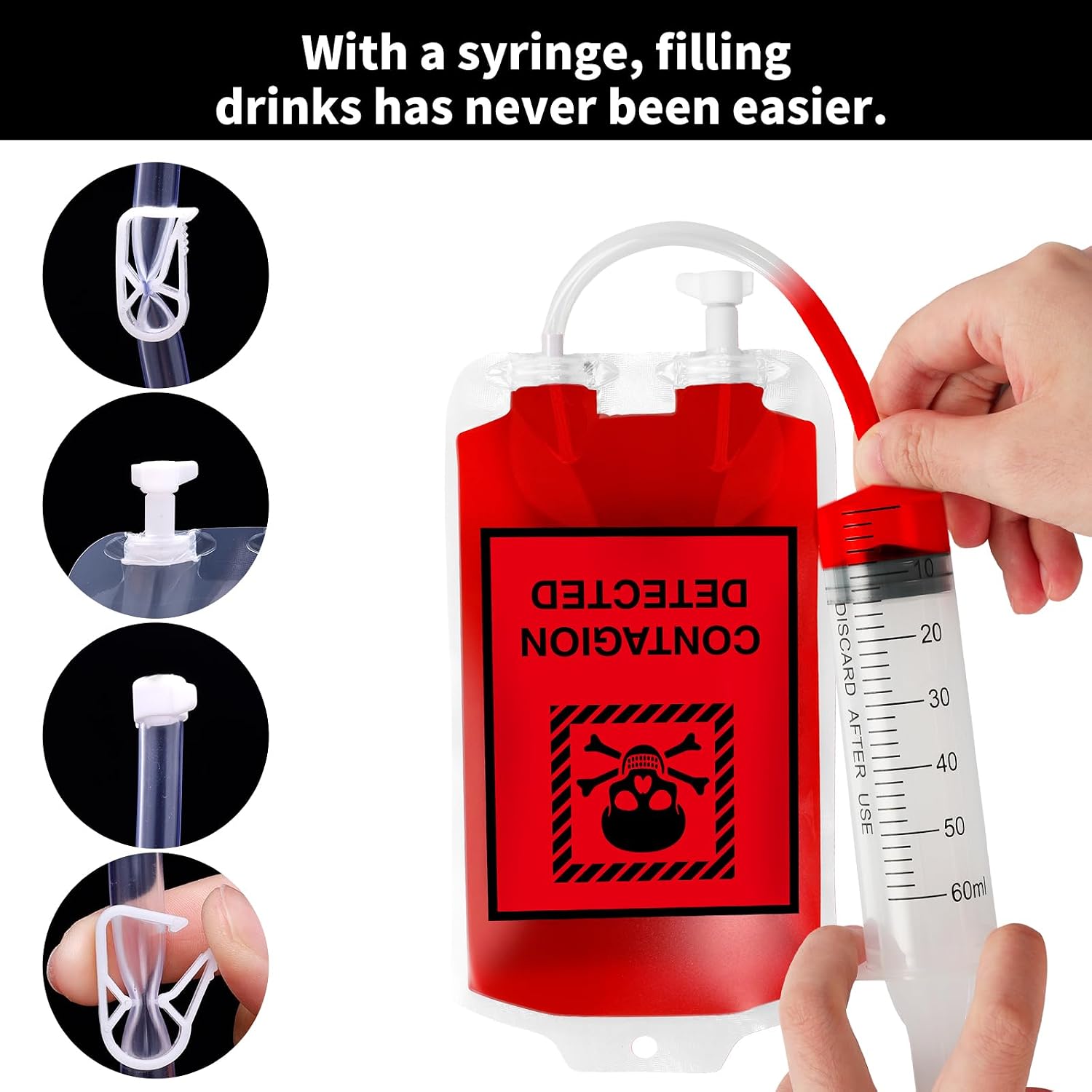 MGparty 80 Pack Halloween Blood Bag Props, Refillable Pouches with Straws and Filling Tools, Spooky Accessories for Zombie Vampire Theme Party Supplies image 3