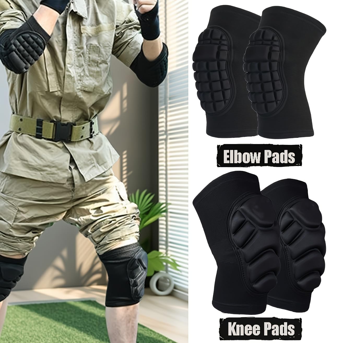 Juego de 4 piezas de equipo universal de rodilla y codo para hombre y mujer, almohadillas acolchadas ajustables, hechas de tela que absorbe la humedad (M)