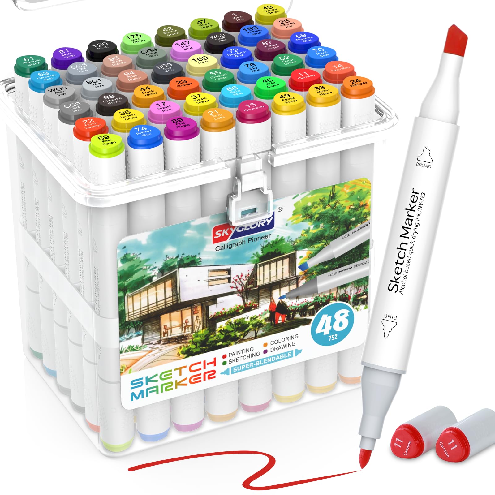 HOMSAILMO Alcohol Based Markers Set, 48 Colors Dual Tip Permanent Art Markers, Drawing Markers, Coloring Markers for Adult Coloring Books | Sketch | Painting | Chisel & Fine, with Clear Box