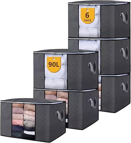 Bolsas de almacenamiento, paquete de 6 bolsas de almacenamiento grandes de 90 litros, contenedores de almacenamiento plegables para armario con asa
