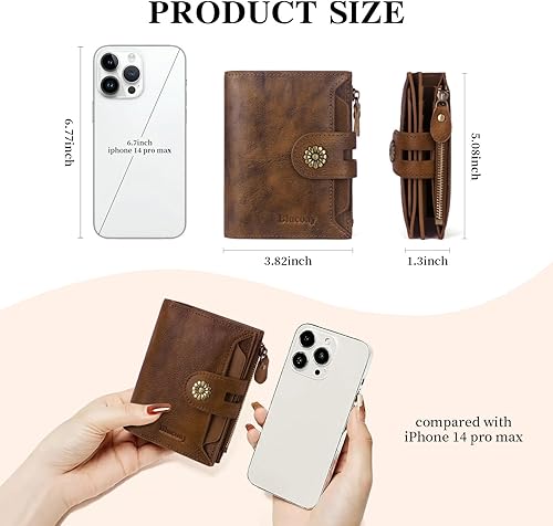 Miniatura 4 de Cartera de cuero con doble pliegue para mujer, bloqueo RFID, tarjetero compacto, cartera pequeña con ventana para identificación extraíble, Retro