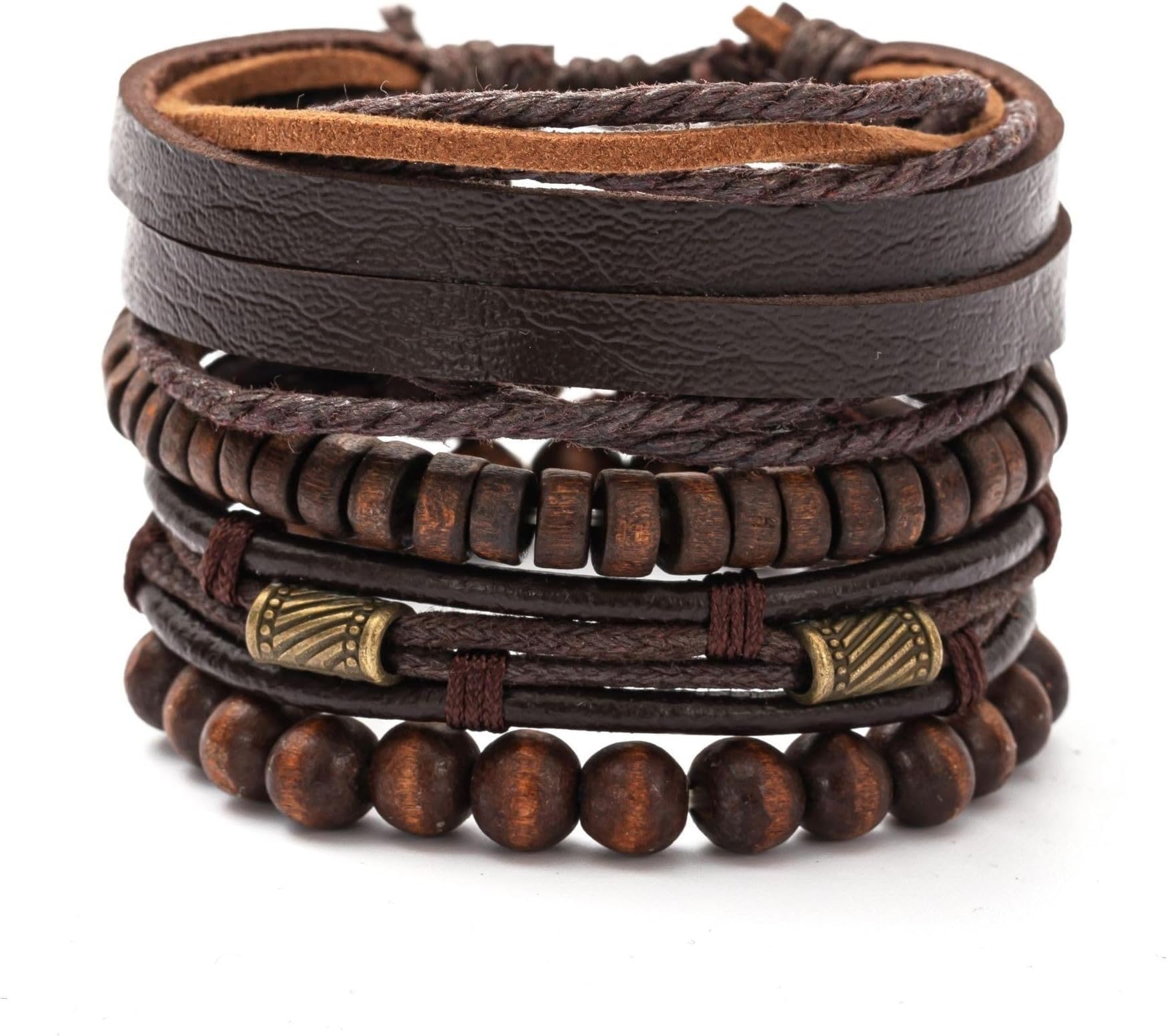 4Pcs PU Braided Bracelet for Women Men Jewelry Adjustable Brown Beaded Braided Bracelet Stack Oufits