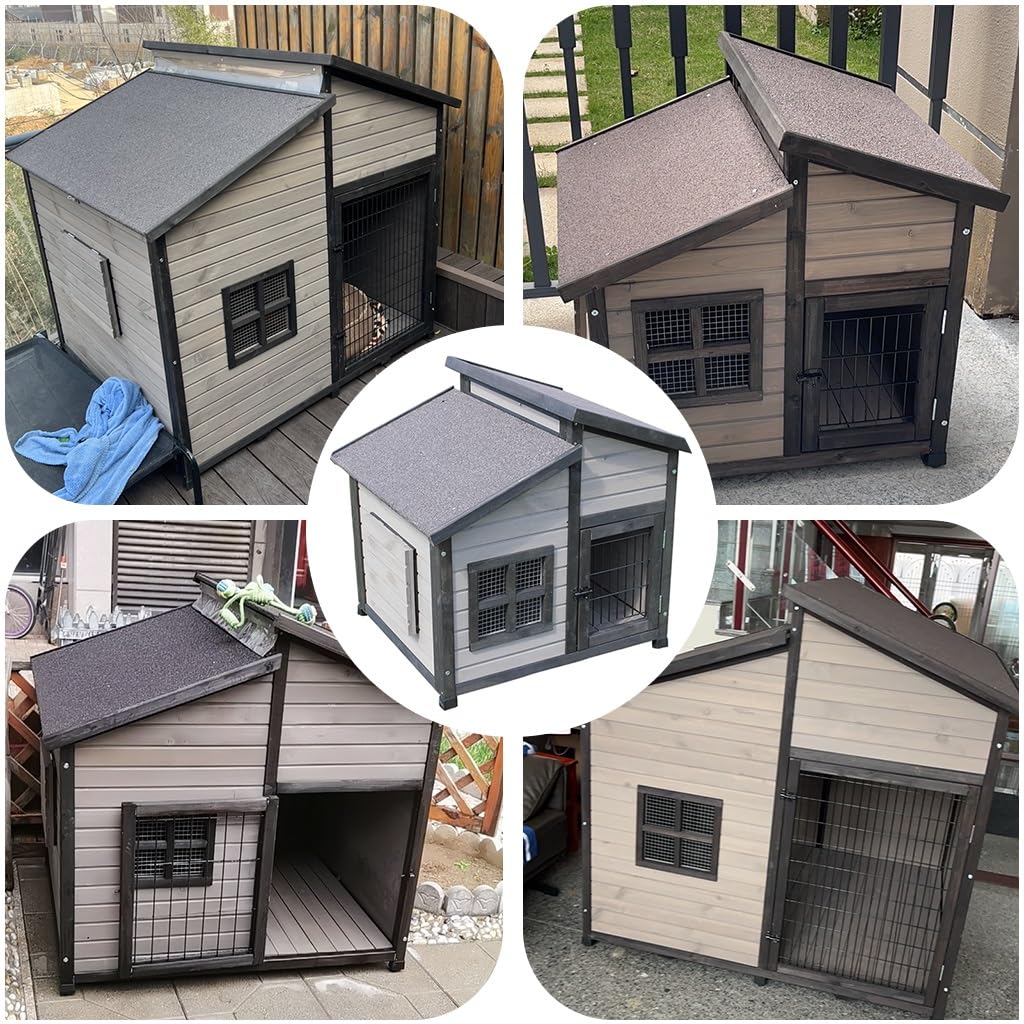 Casa per cani in legno per cani di medie dimensioni, canile per cabina di legno all'aperto con pavimento elevato, design impermeabile del portico, gambe regolabili, facile montaggio Pet Home
