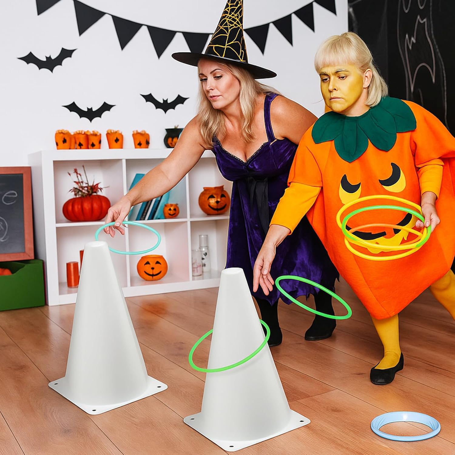 12 Set Halloween Ghost Ring Toss 9 Inch Spooky Plastic Traffic Cones and 24 Pcs Toss Rings for Outdoor Activities Carnival Adult Birthday Party Favors