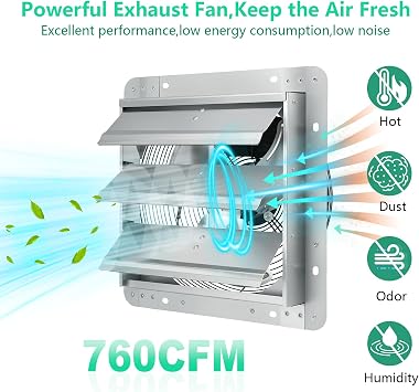7 inch Louvered Exhaust Fan with ON/OFF Switch,Shutter Exhaust Fan 1600 RPM,760 CFM Ventilator Fan for Greenhouse, Gable, Barn, Garage, Shed,Chicken Coops Vent Fans
