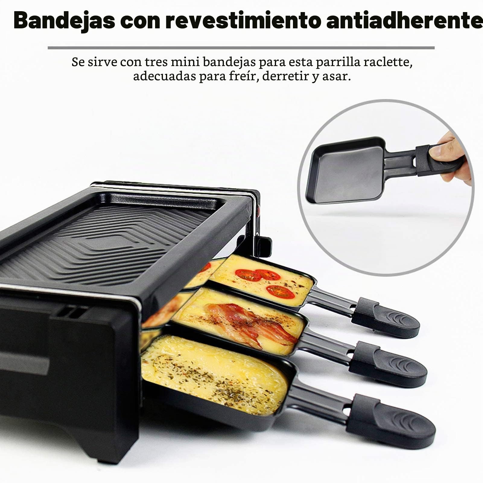 HengBo Raclette Parrilla para 2 Personas, Grill Portátil con una Plato de Parrilla y 3 Mini Sartenes, Temperatura Ajustable, Recubrimiento Antiadherente, 700W, Acero Inoxidable, Negro