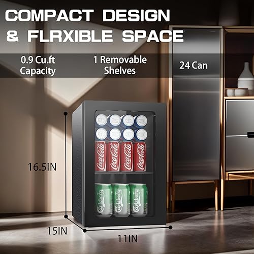 Miniatura 5 de Refrigerador compacto de bebidas independiente, mini refrigerador de 24 latas0.9 pies cúbicos con puerta frontal de vidrio reversible para