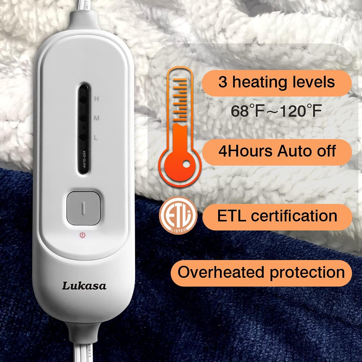 Lukasa Heated Throw Blanket Reversible Sherpa/Flannel Electric Blankets,Machine Washable,ETL Certified,3 Setting Levels 4 Hours Auto-Off, 50" x 60" (Blue)
