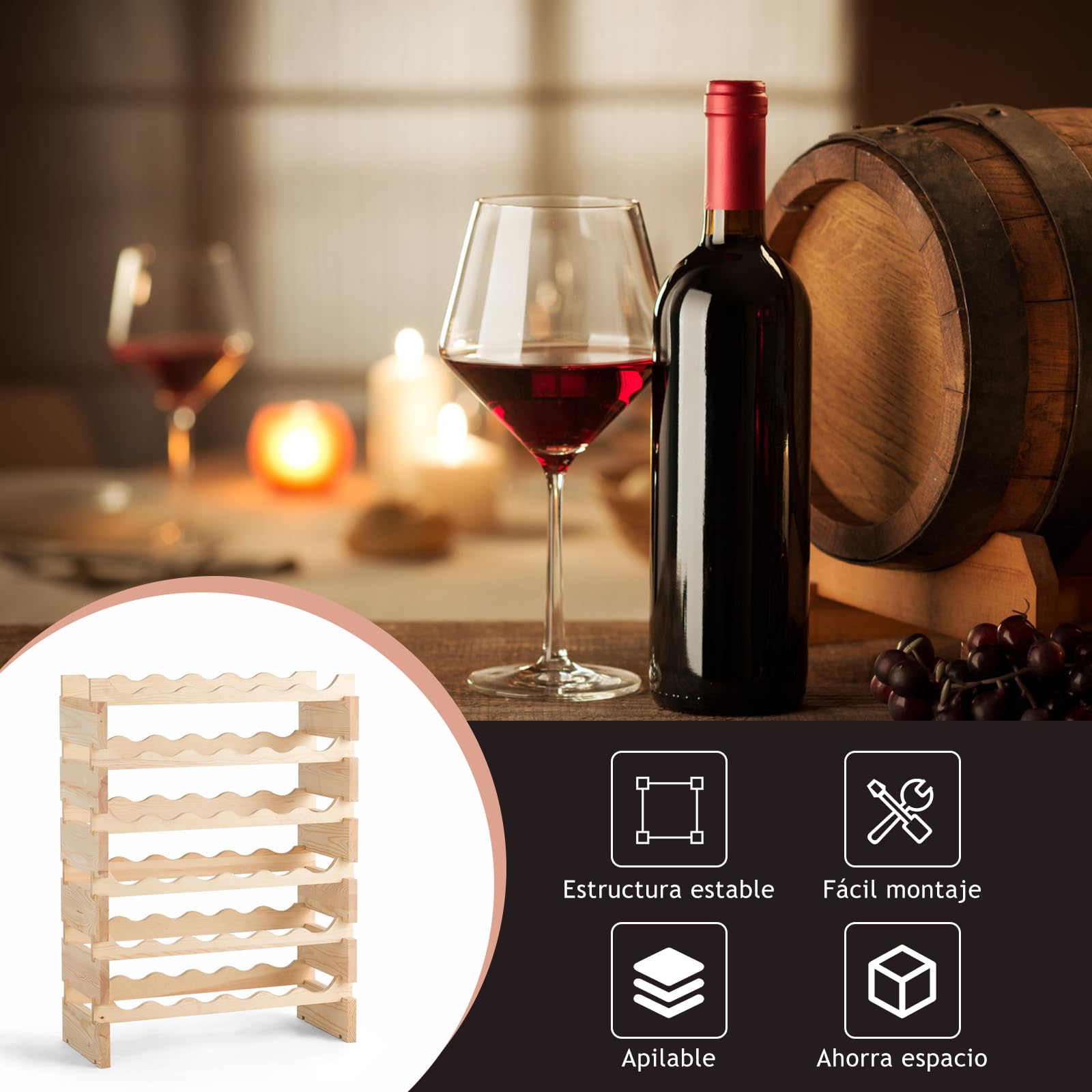 GOPLUS Botellero de Vino de Pino para 36 Botellas, Botellero Vertical con 6 Niveles Apilable, Diseño Inclinado, Estantería Compacta para Cocina, Bar, Bodega y Hogar, Gran Espacio, 63x28x85 cm, Natural