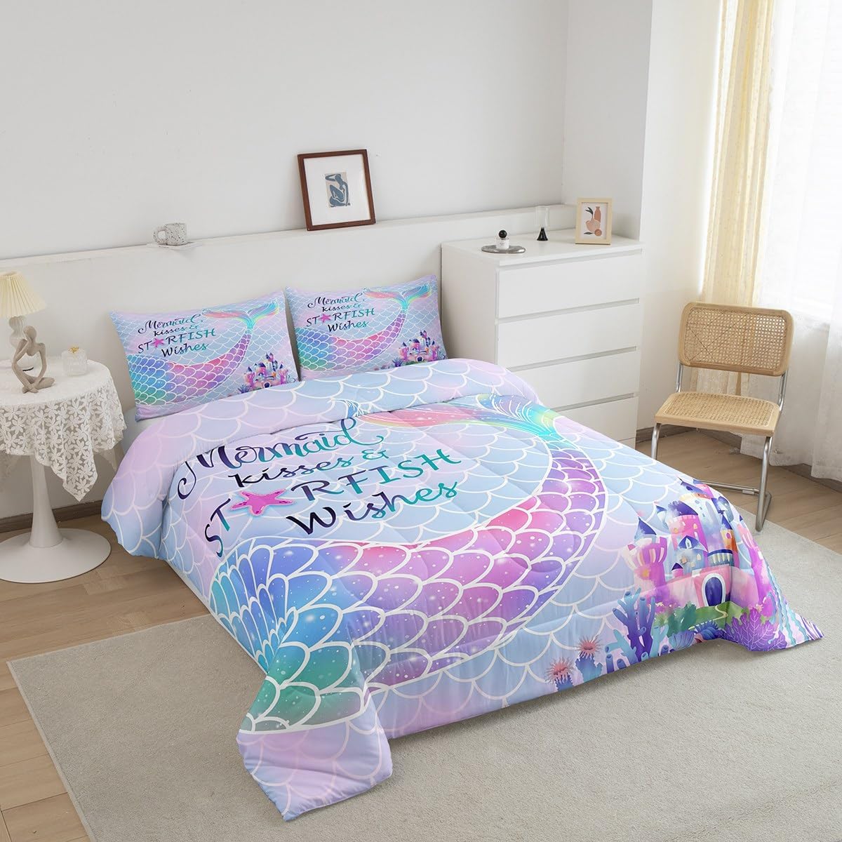 Mermaid Tail Comforter Twin Kids Fish Scales Bedding Set Girly Rainbow Princess Bedroom Decor Ocean Life Sea Animal Pastel Purple Kawaii Mermaid Duvet Insert Gradient Quilts 2 Pcs Soft Warm