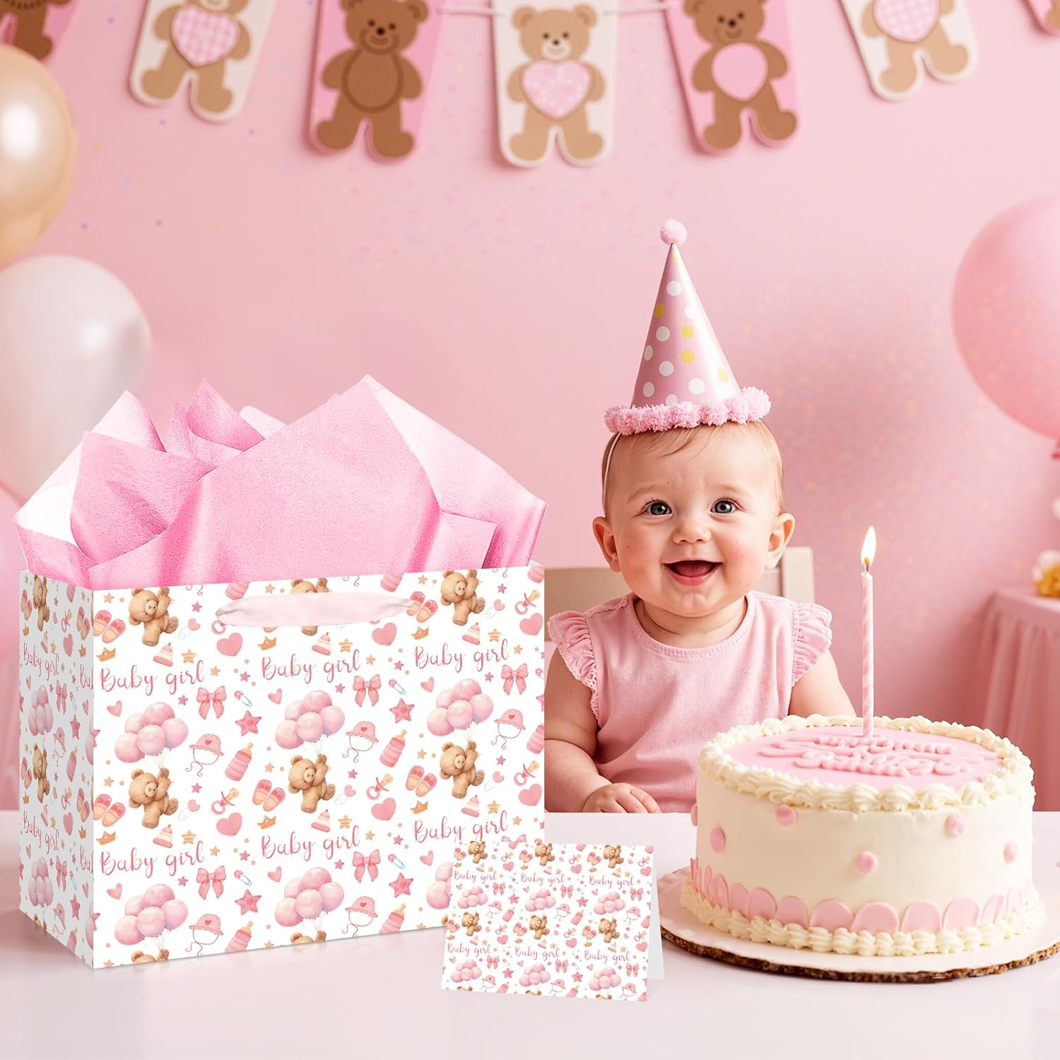 Woosytoo Pink Bear Gift Bag for Baby Girls Large Bear Baby Girl Birthday Gift Bag with Wrapping Paper and Card Pink Teddy Bag for Newborn Kids Baby Shower Gender Reveal First Bday Party Supplies - Image 6