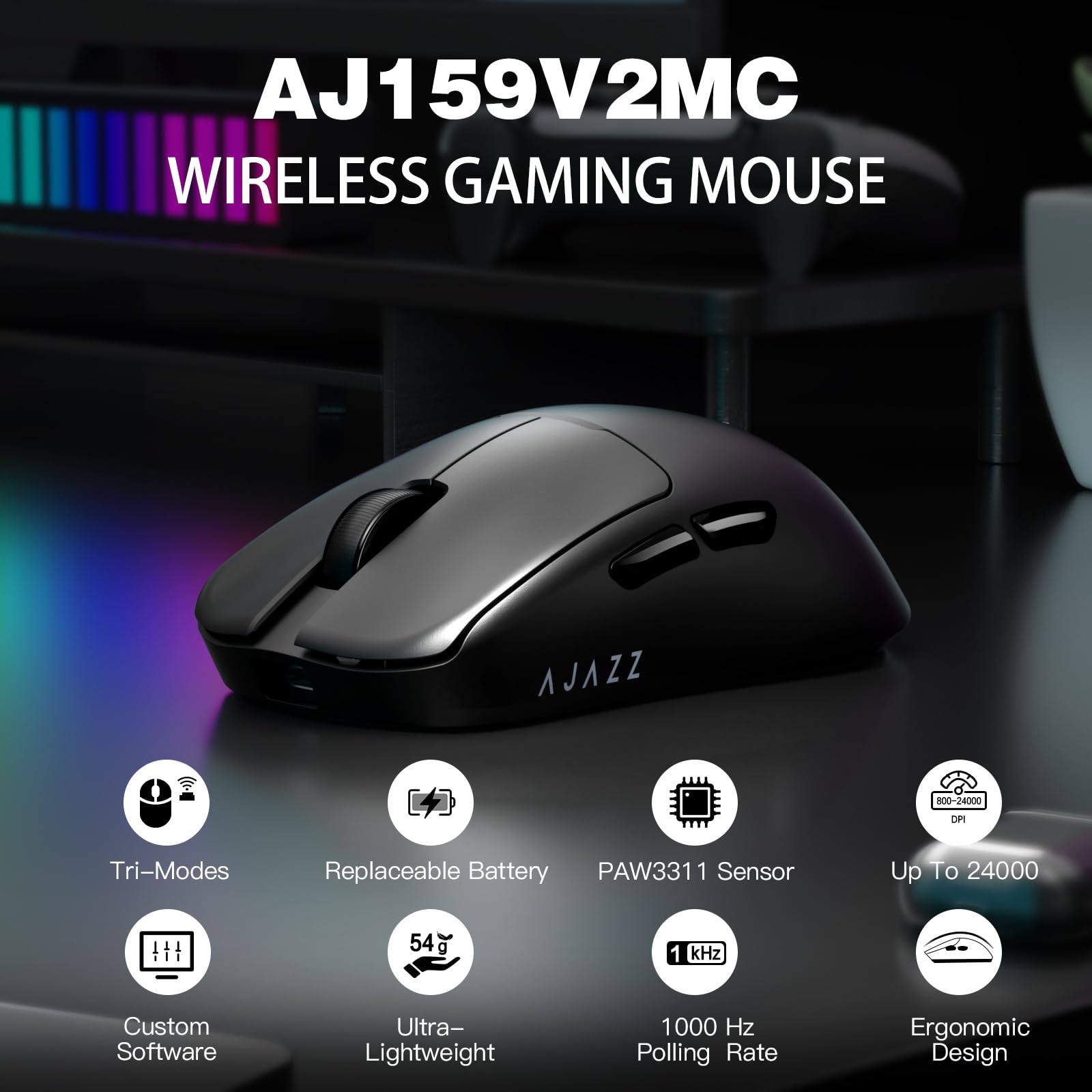 A.JAZZ AJ159V2MC Mouse Gaming Wireless,Tri-Mode BT/2.4G/Cablato Type-C, Sensore Ottico PixArt 3311 con 24K DPI, 54g SUPERLIGHT, Mouse per Computer con Batteria Sostituibile, per PC/Mac/Laptop - Nero