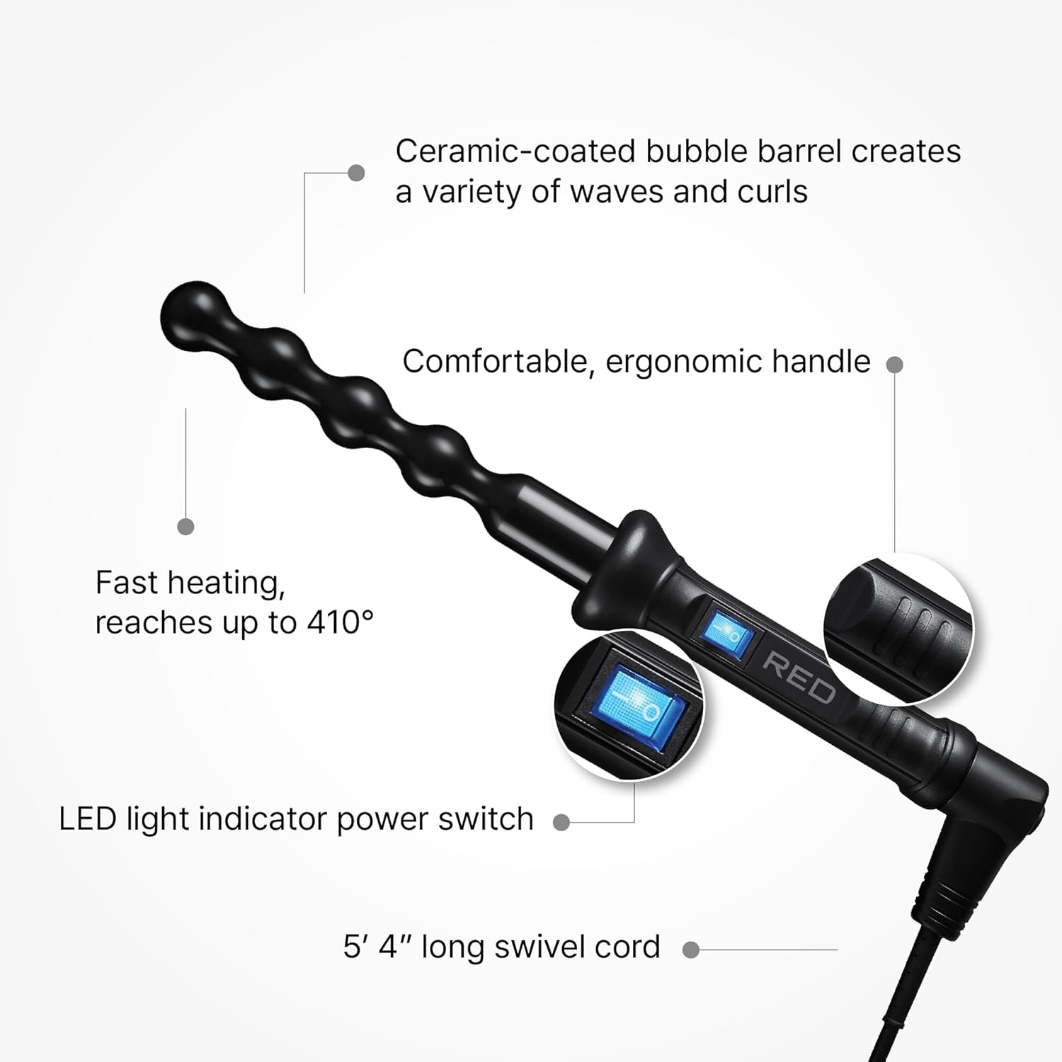 RED Pro 1" Bubble Curling Wand – Ceramic Tourmaline No-Clip Styling Tool for Effortless Spiral Curls & Natural, Textured Hairstyles