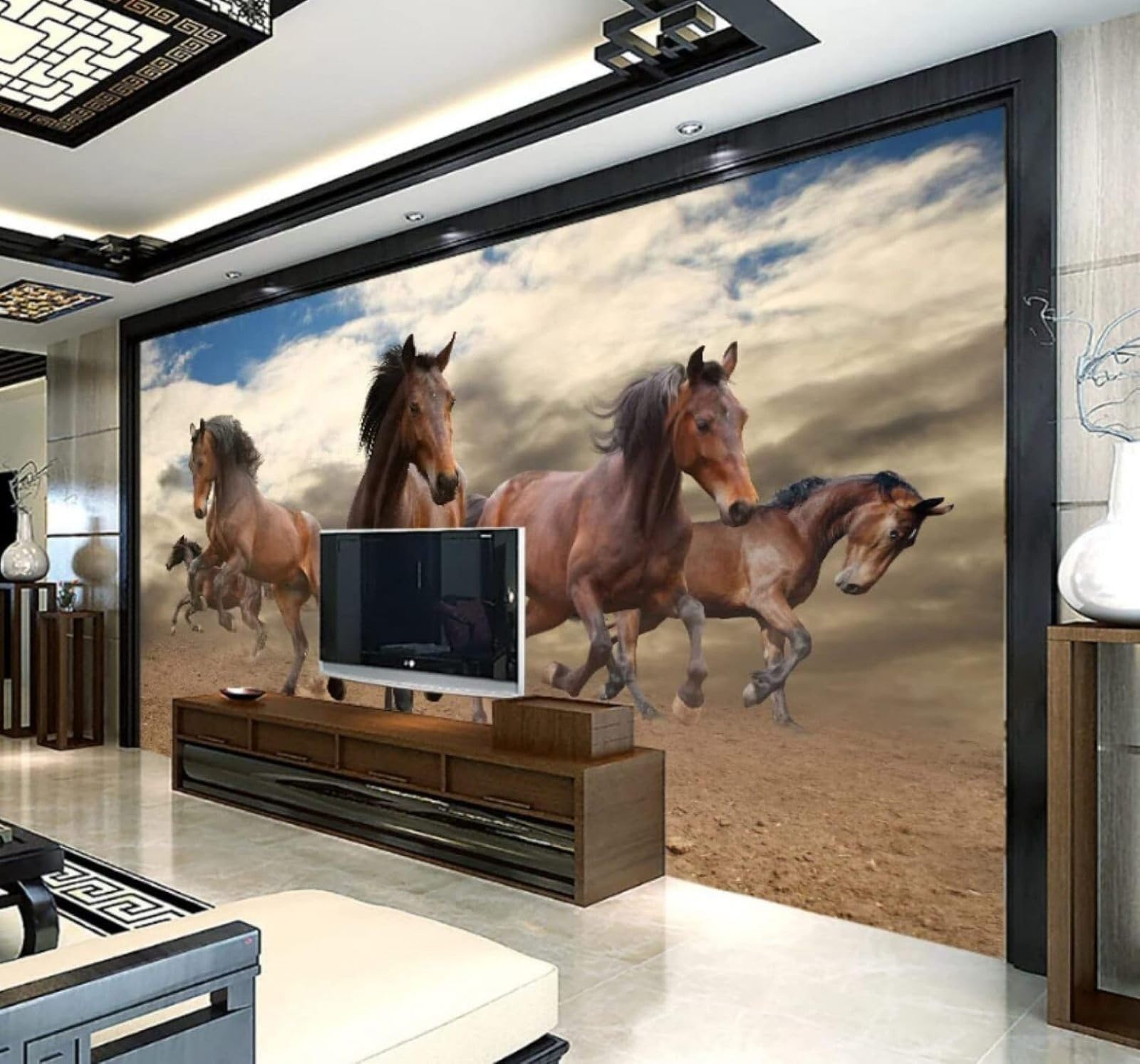 XLMING Three Dimensional Blue Sky White Clouds Galloping Horse 3D Wallpaper Luxury Silk Study Dining Feature Sofa Grey Bedroom Living Room Tv Decorative Wall-300cm×210cm
