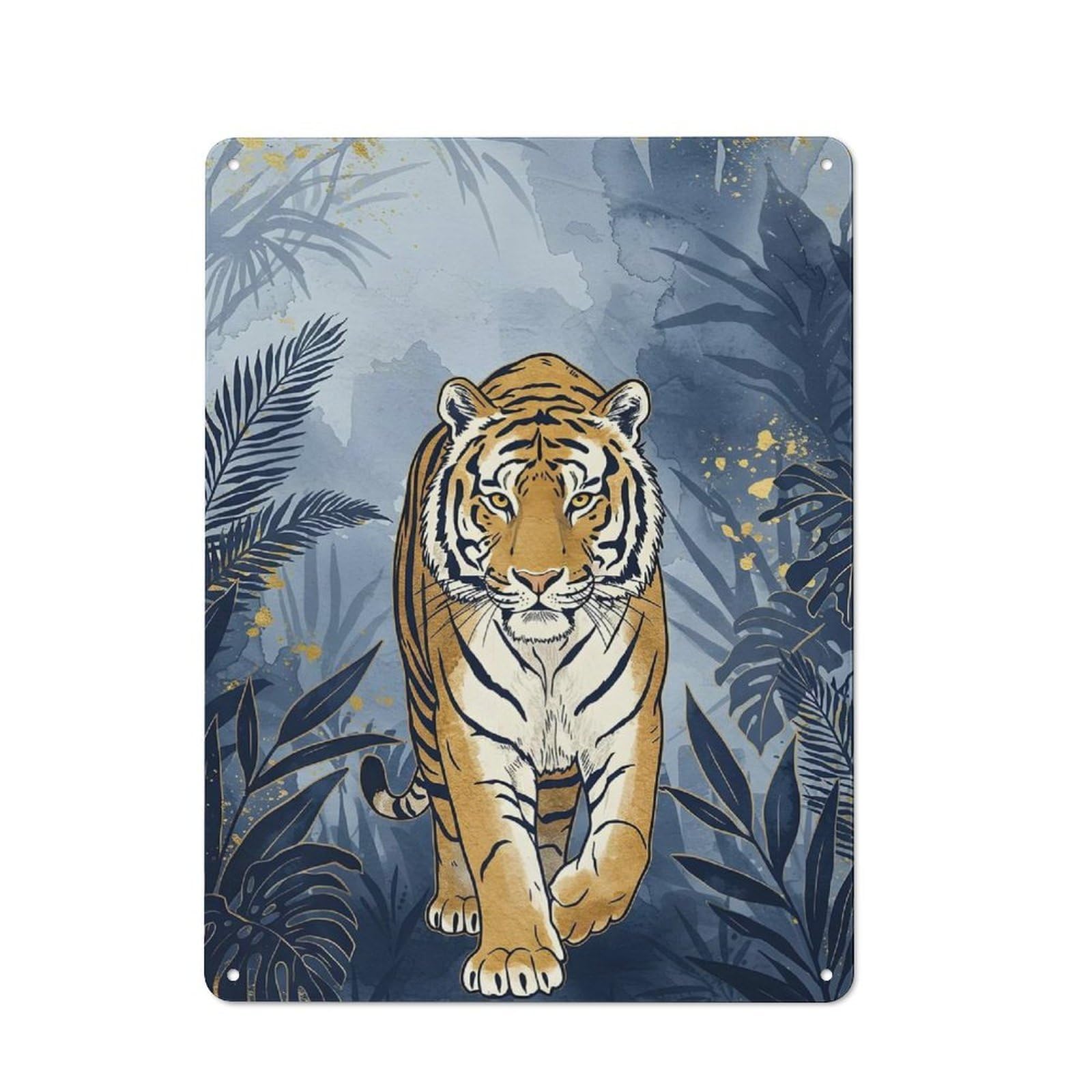 Tin Wall Plaque 40x30cm with Tiger in Blue Jungle Illustration for Café Or Home Bar, New-space Wall Decor for Hospitality Decor Collectors