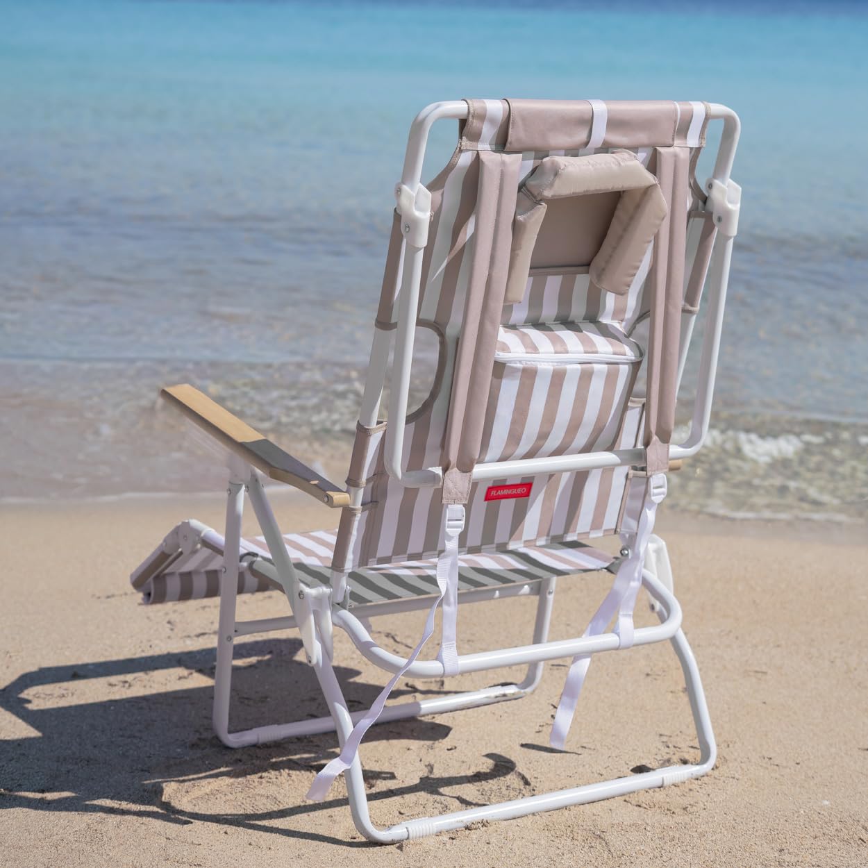 Flamingueo Silla Playa Plegable - Reclinable 5 Posiciones - Agujero Cabeza y Brazos - Reposapiés 3 Posicones - Asas Mochila - Bolsillo Insulado y Posavasos - Aluminio y Poliéster - Beige
