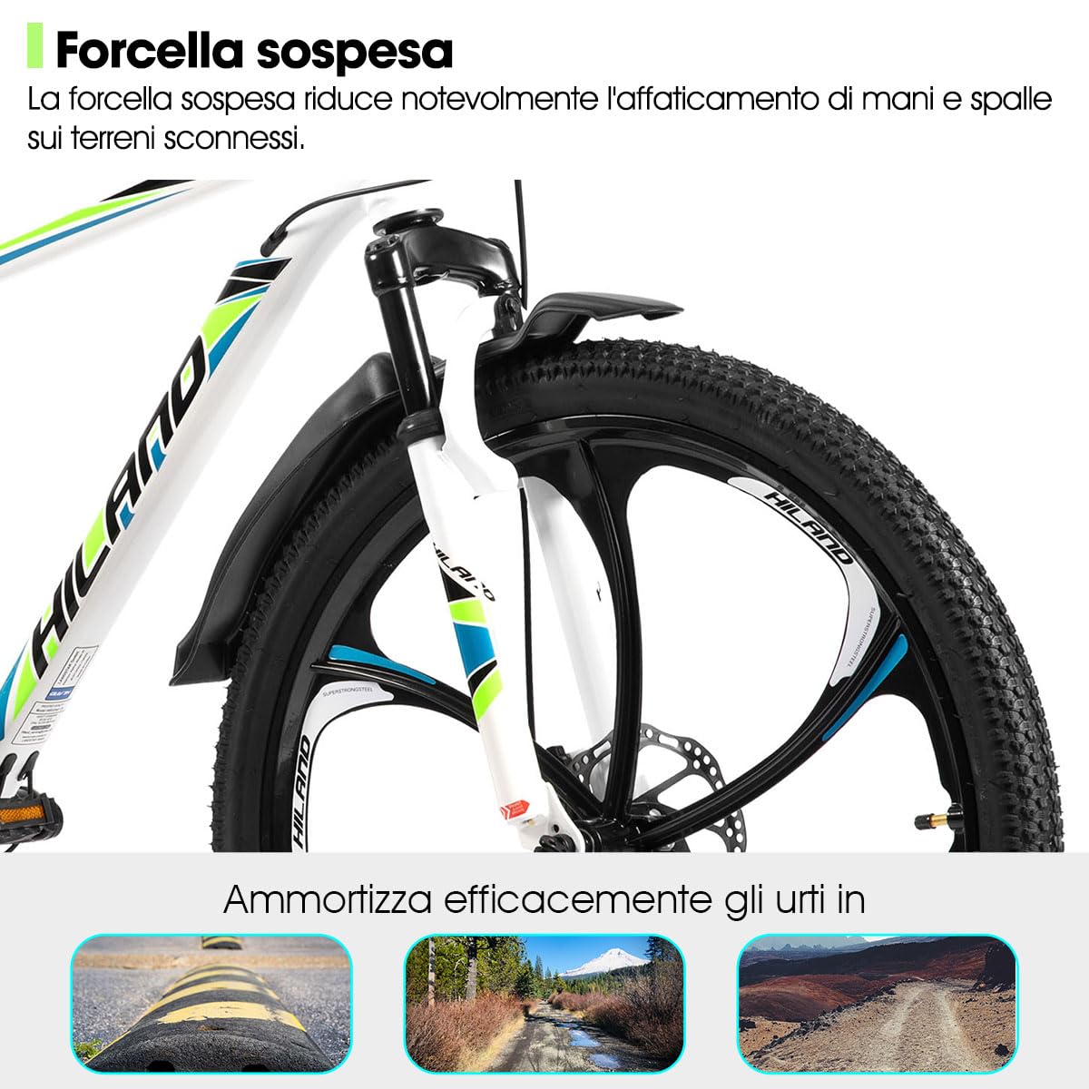 Hiland Mountain bike per adulti da 26 pollici, freni a disco anteriori e posteriori, 3/6 raggi, 18 velocità, unisex, forcella ammortizzata, telaio in alluminio leggero