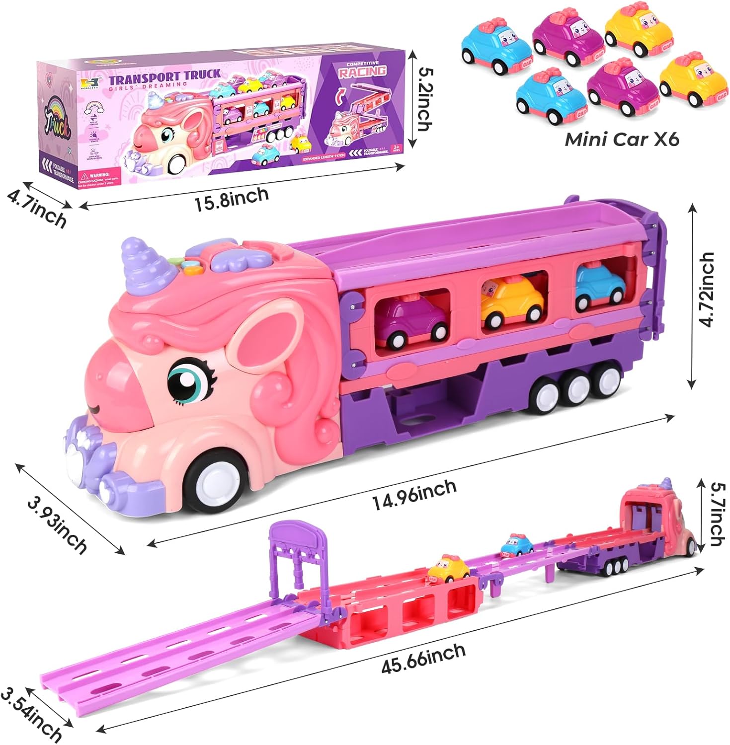 Car Toys for 3 4 5 6 Years Toddler Girl, Unicorn Transport Truck, Foldable Race Track Car with Light & Sound, Unicorn Friction Powered Toy Car with 6 Assorted Cars, Birthday Gift for Kids Age 3-6