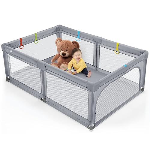 Corralito para bebés, 50 x 50 pulgadas con puertas con cremallera, corralito para bebés y niños pequeños, patio de juegos con anillos de dominadas,