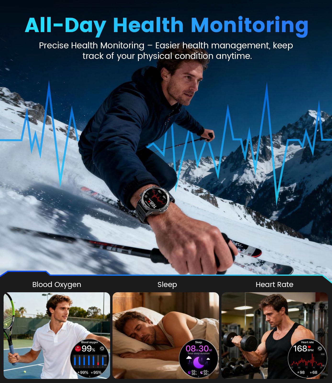 FitVigor Military Smart Watch for Men, 1.53" Fitness Tracker with 1000 mAh Ultra-Long Battery/Flashlight/Bluetooth Calling/Health Monitor / 120+ Sports Modes / IP68 Waterproof for iOS Android, Black — view 8