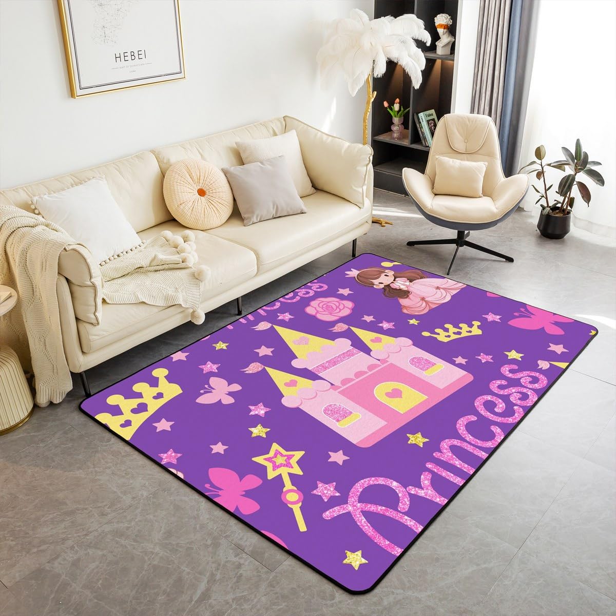 Dreamy Princess Castle Decorative Rug 5x6'6'',Girls Castle Stars Girls Crown Indoor Floor Mat for Playroom Bedside Sofa Bedroom,Butterfly Floral Non