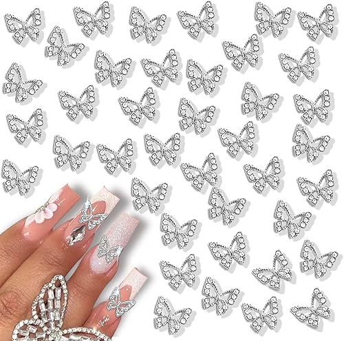 40 dijes de mariposa para uñas, dijes de mariposa 3D para uñas, gemas de mariposa Y2K, diamantes de imitación de uñas de cristal brillante para uñas