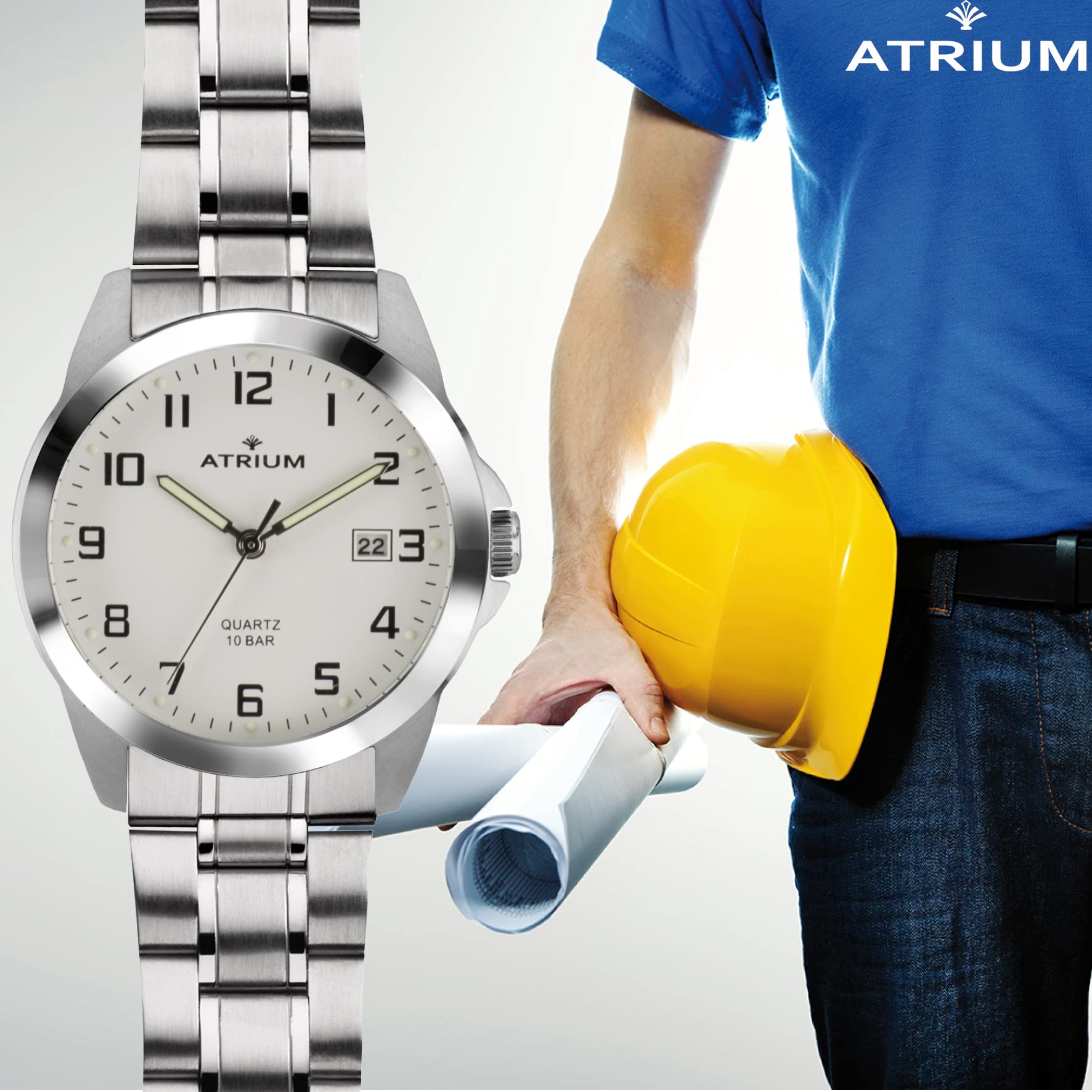 Atrium Herren-Armbanduhr sehr deutlich silberfarben Leuchtzeiger Datum Quarz 10 Bar Stahlband A16-30