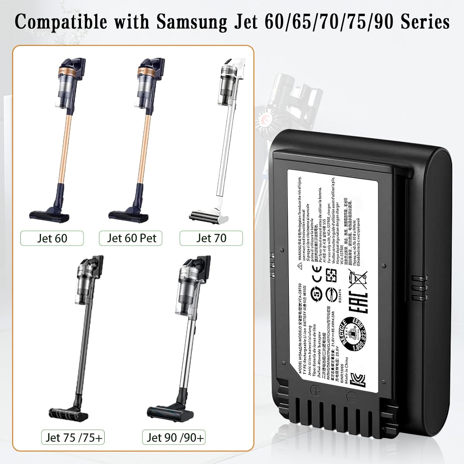 4000mAh Battery Replacement for Samsung Jet 60 65 70 70+ 75 75+ 90 90+ Cordless Stick Vacuum Cleaner, Compatible with VCA-SBT90 VCA-SBT90EB VCA-SBTA60, r3u1 Gray and Black