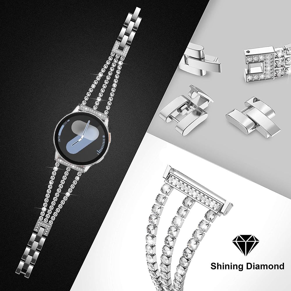 DEALELE Bands Compatible with Samsung Galaxy Watch 7 / FE / 6/5 / 5 Pro / 4/4 Classic / 3 41mm / Active 2, 20mm Slim Bling Diamond Brass Steel Metal Replacement Strap for Women Men (Silver)