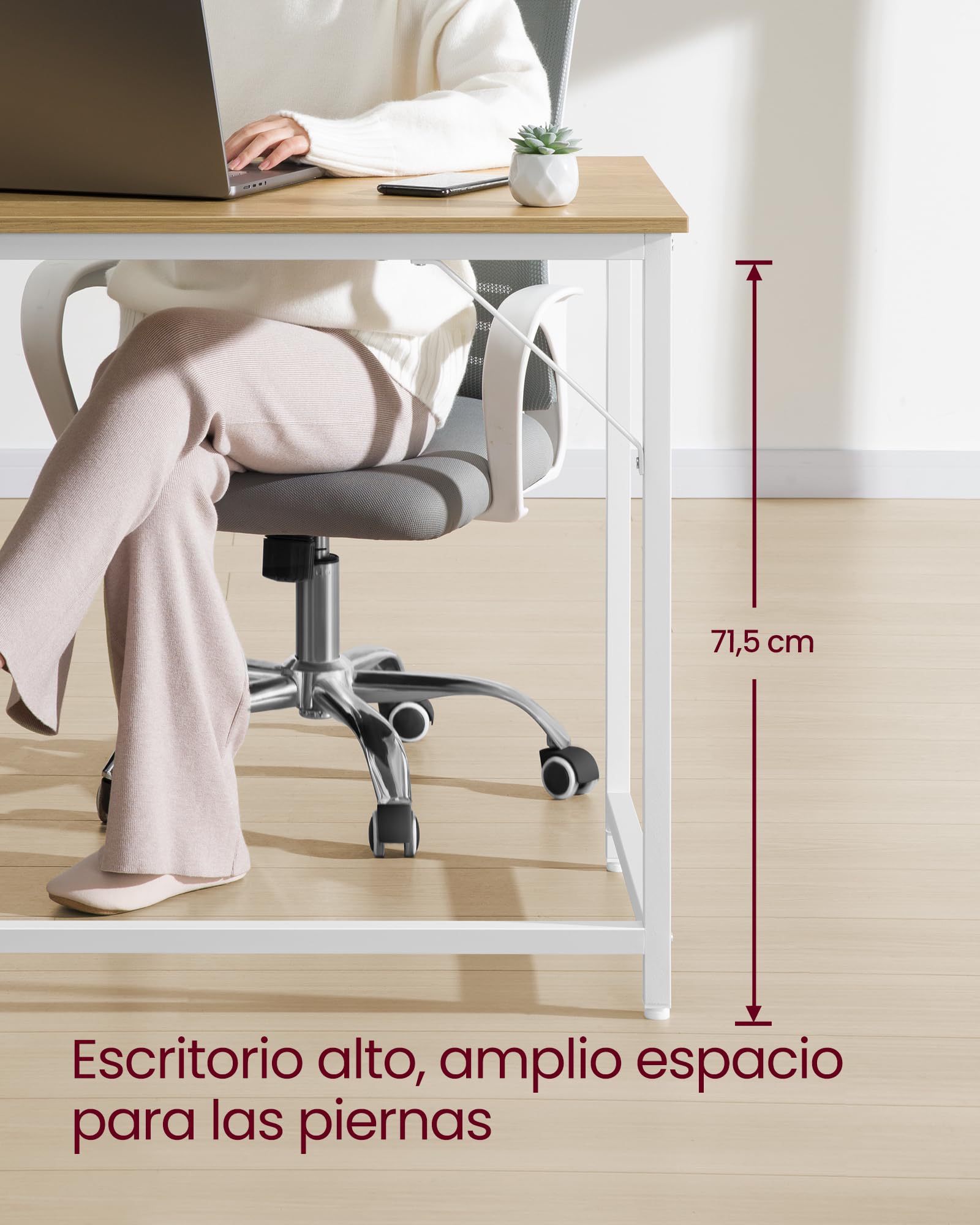 VASAGLE Escritorio, Mesa Oficina Pequeña y Estación Trabajo, Mesa para Teletrabajo, Estudio, Dormitorio, 60 x 120 x 76 cm, Estilo Moderno, Estructura Metal, Roble Natural y Blanco Perla LWD039W70