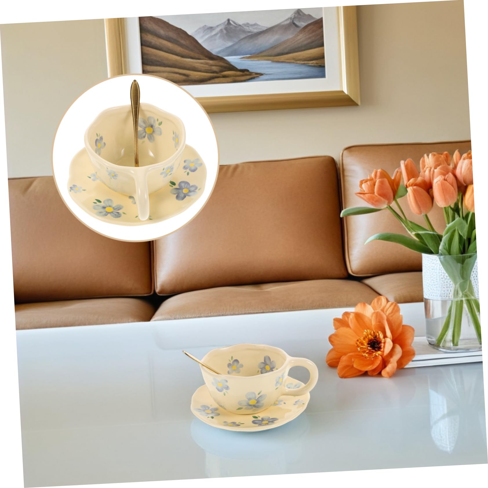 OUNONA Tasses à Café Et Thé Céramique Avec Motif Floral Tasse à Expresso Porcelaine Avec Soucoupe Pour Cappuccino