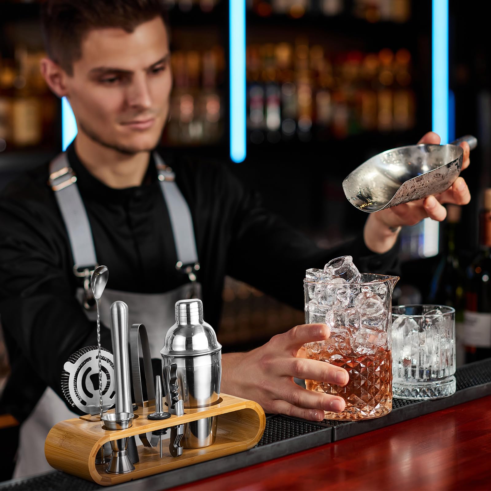 Kit de 9 piezas para camarero con soporte de bambú: juego de coctelera para el hogar y bar para accesorios de camarero (S)