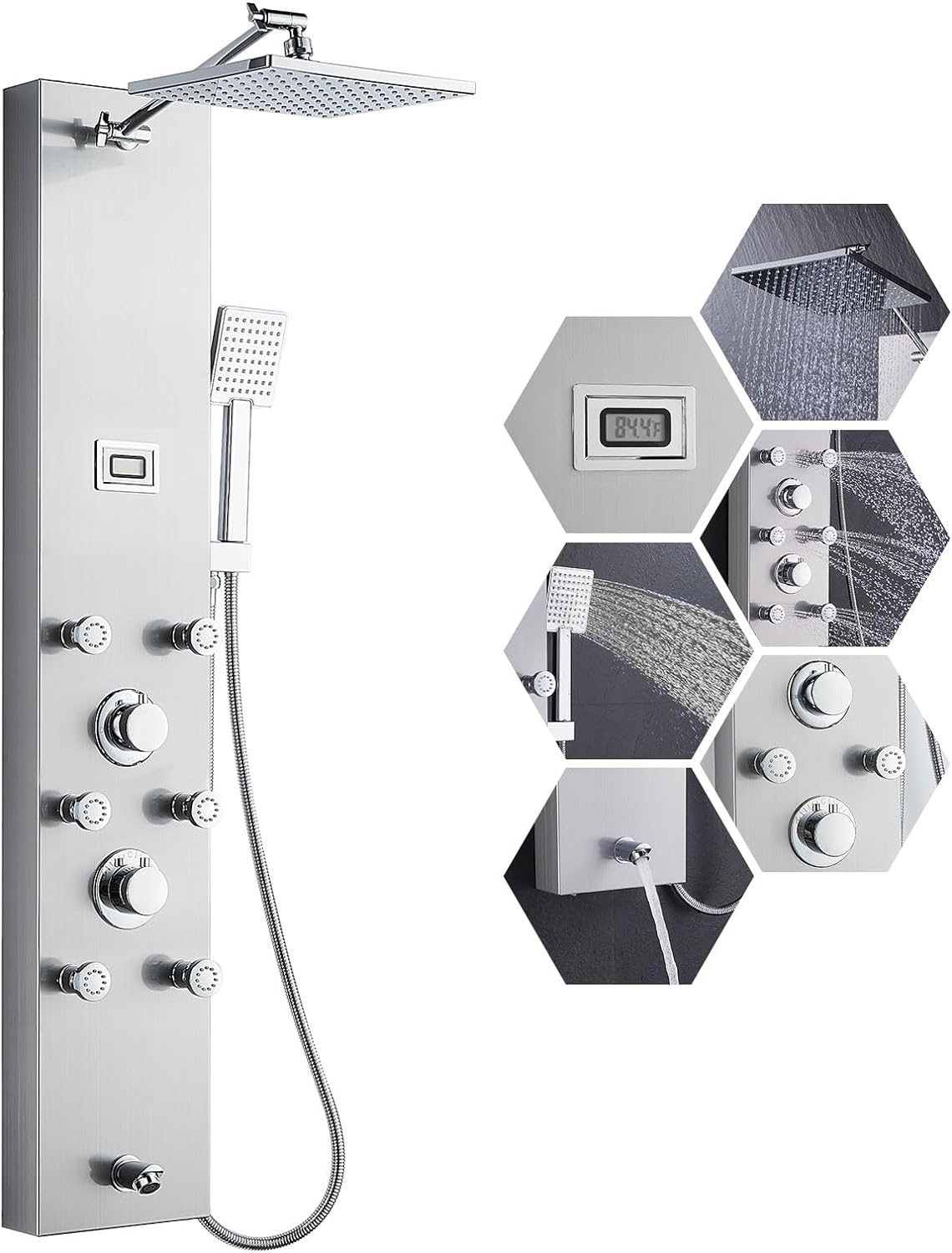 MENATT 304 Stainless Steel Shower Panels System with 6 Body Jets, Shower Tower with Adjustable 9 inch Rainfall Shower Head, Handheld Shower Wand, Brushed Nickel