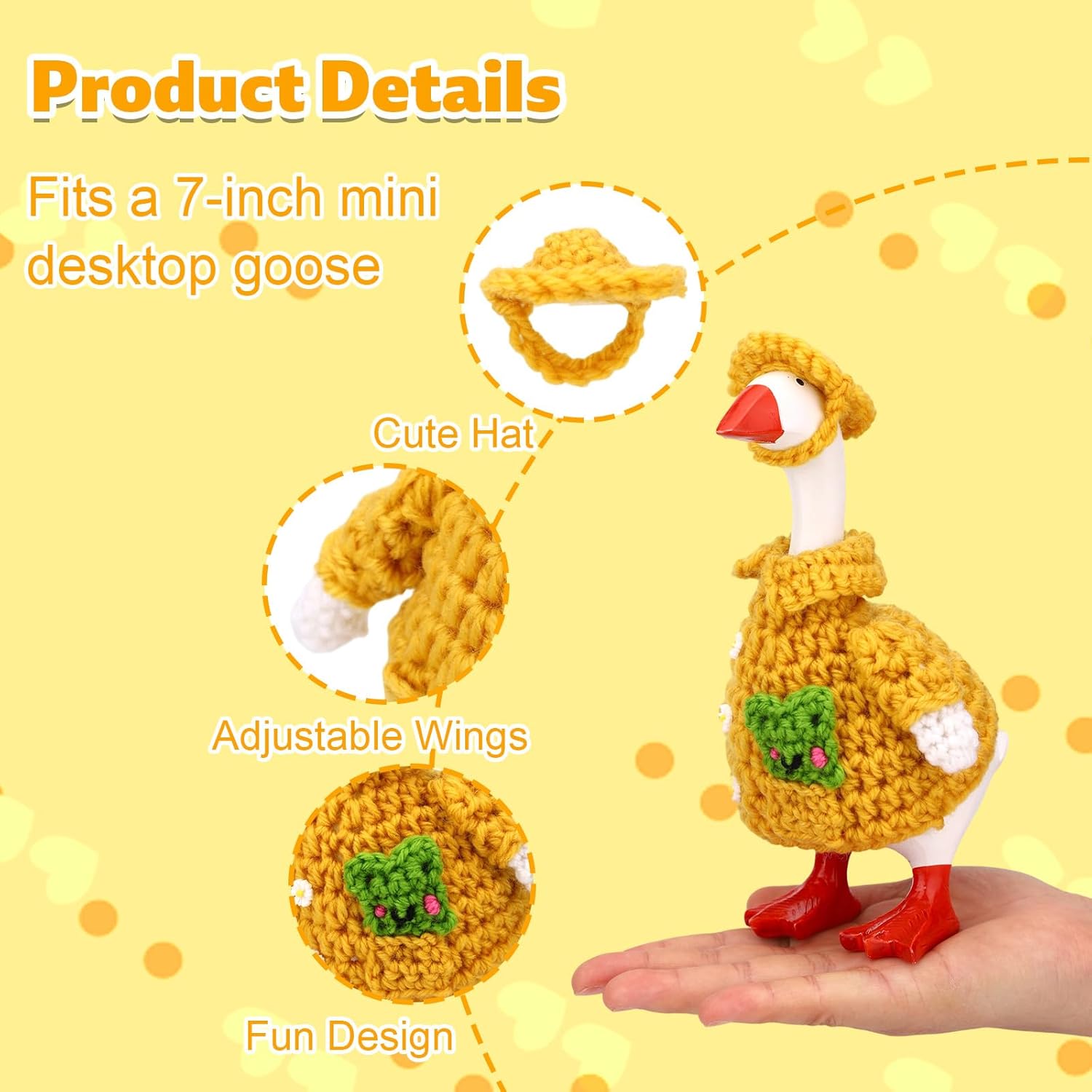 Raincoat Style Desk Goose Outfits, Includes 1 Cute Yarn Raincoat & 1 Hat, Mini Desktop Goose Clothes Accessories for 17.78cm/7in Geese (Yellow)